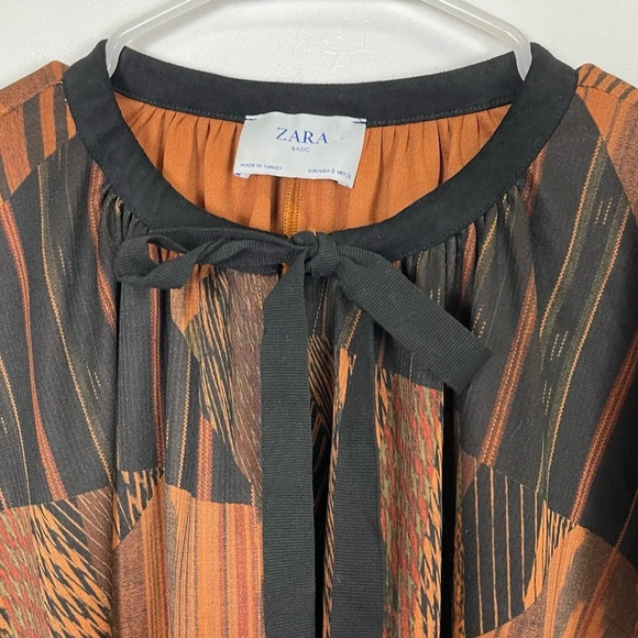 Zara Basic Blouse Womens Size Small Oversized Black Brown Pattern Neck Tie Bow - Picture 4 of 11